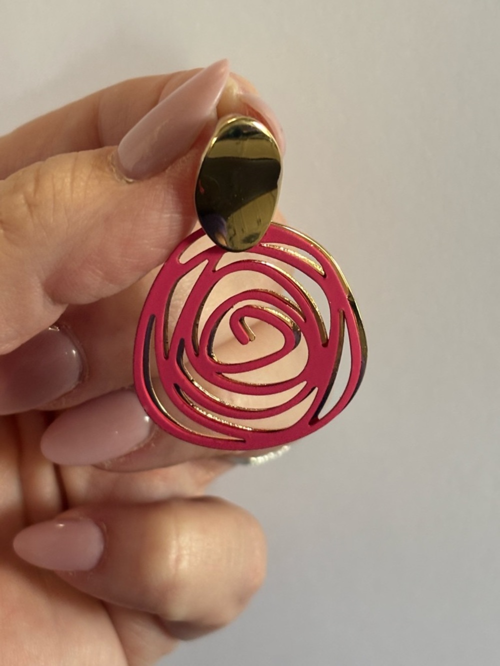Gold Tone Earrings with Hot Pink Swirl Drop - Women Jewelry